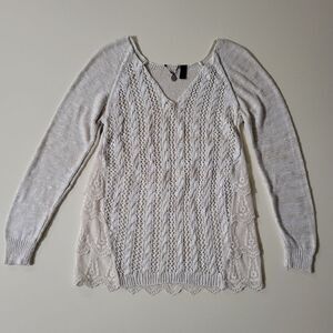 Buckle BKE Cream Cable Knit And Lace V-Neck Sweater